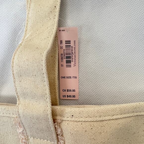 Victoria's Secret Pink Tote Weekender Bag Pink / Off White Fringe Canvas - Picture 4 of 5